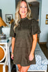 Faux Suede Frilled Mock Neck Puff Sleeve Shift Mini Dress